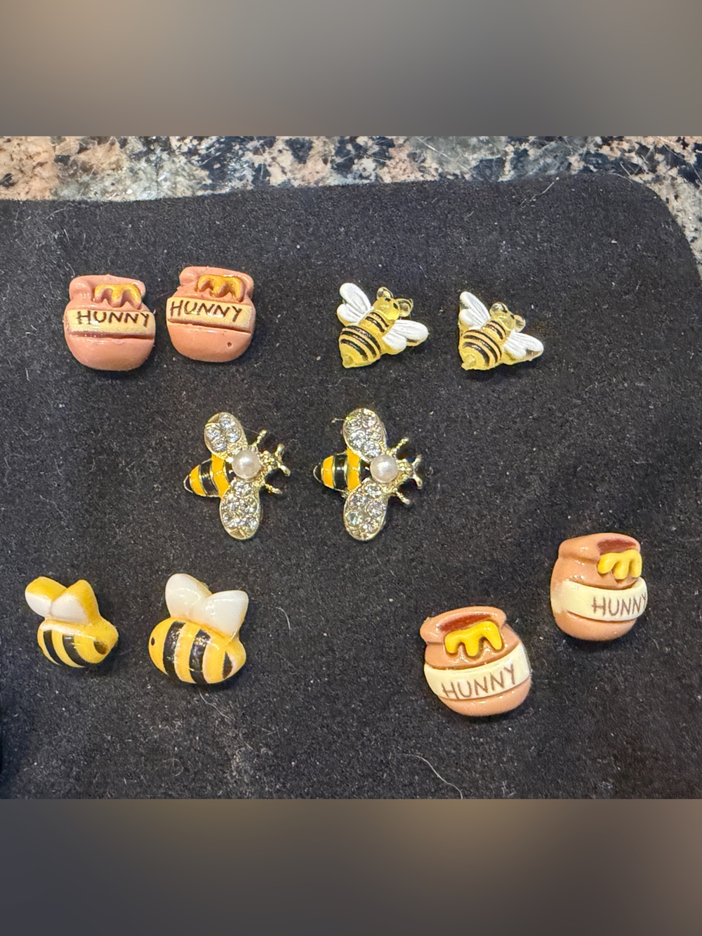 Five pairs of Bee and Honey Pot Enamel Stud Earrings